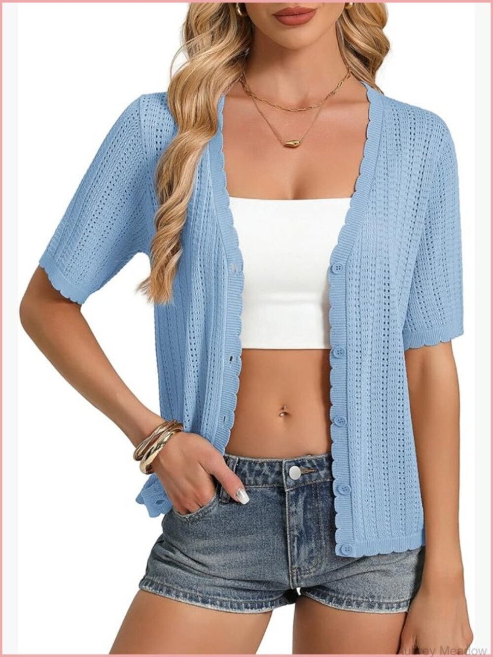 Lightweight Crochet Cardigan Summer Beach Cover Up Short Sleeve V-Neck Button